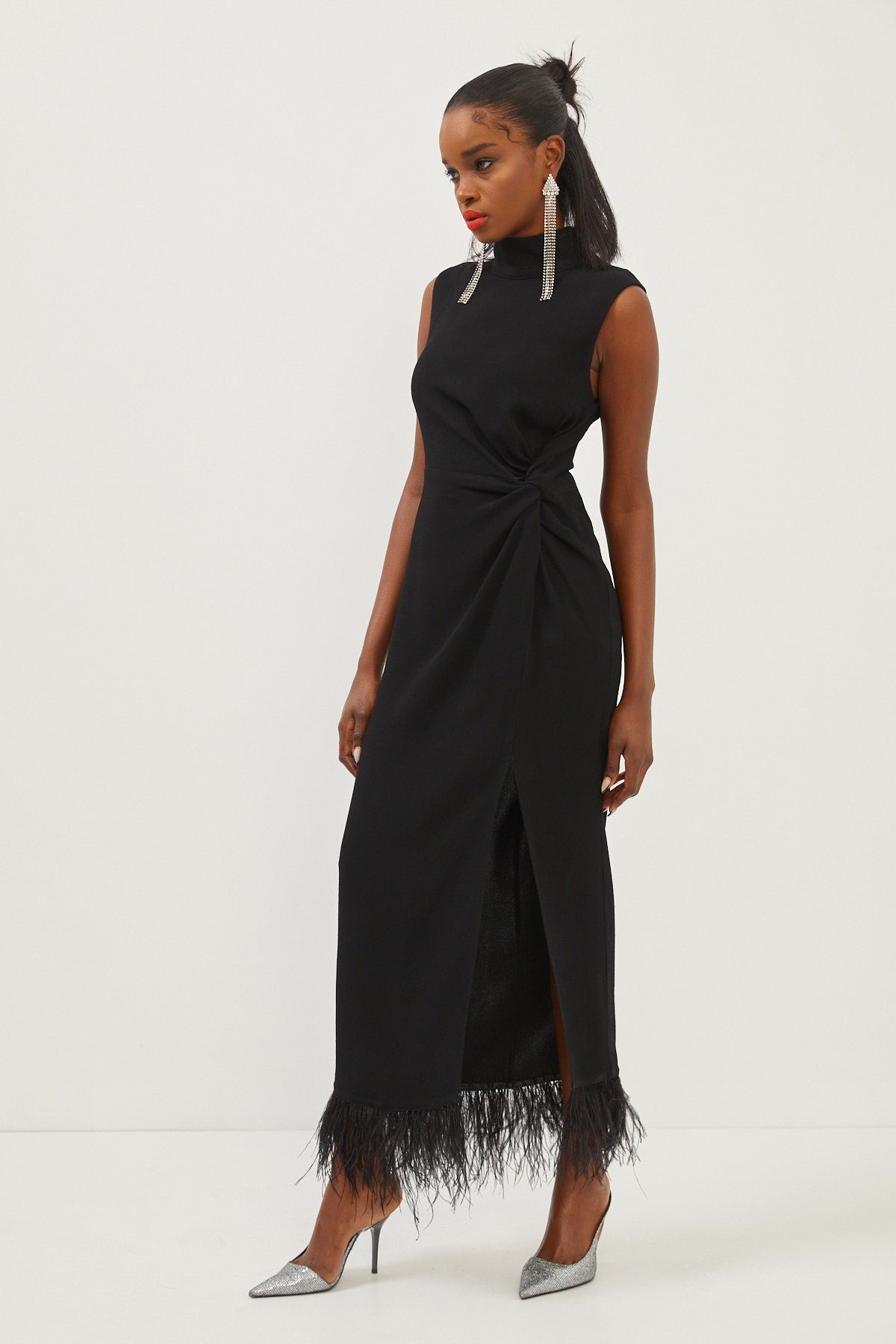 Sleeveless Feather Slit Dress – Black