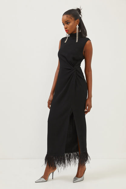 Sleeveless Feather Slit Dress – Black