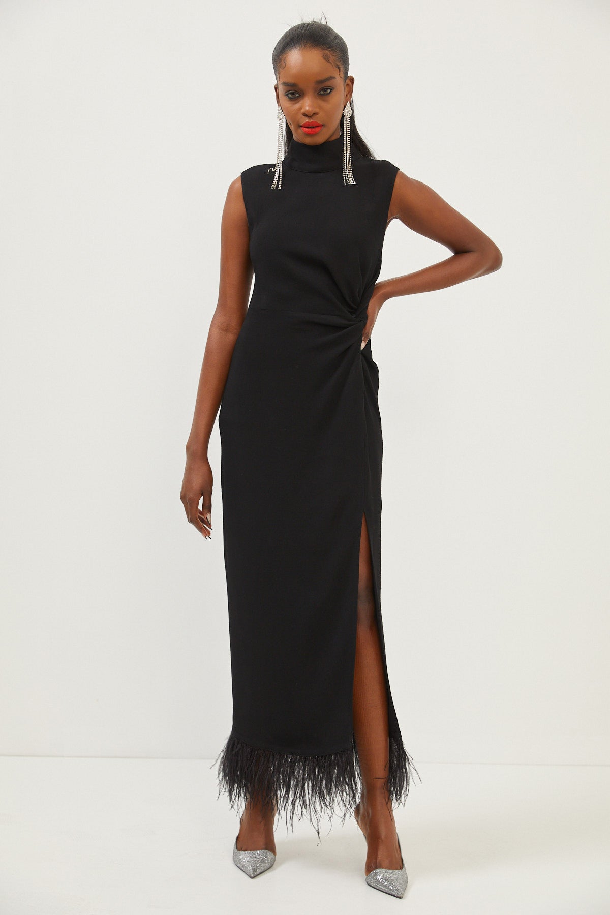 Sleeveless Feather Slit Dress – Black