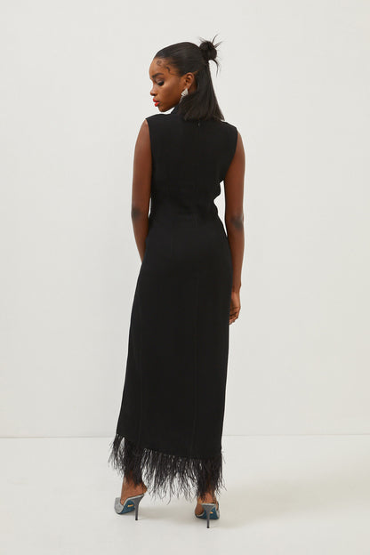 Sleeveless Feather Slit Dress – Black